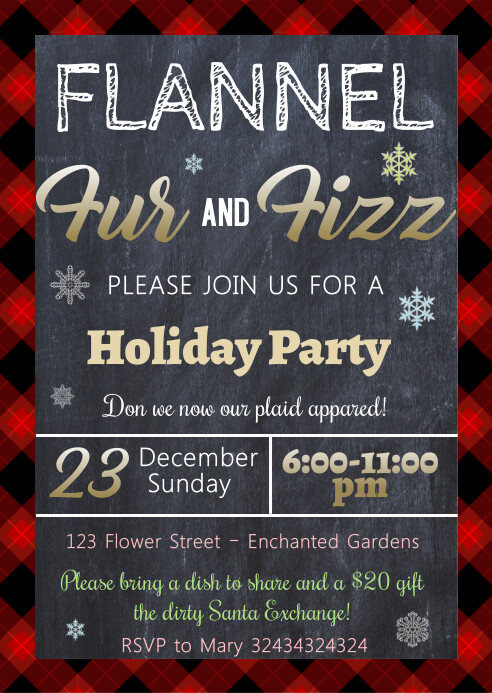 EDITABLE Flannel Fur & Fizz Xmas Party Invita A6 template