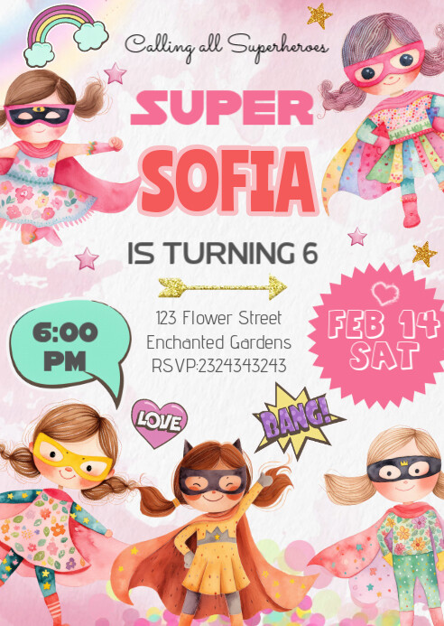 Editable Girl Superhero Birthday Party Invitation A6 template
