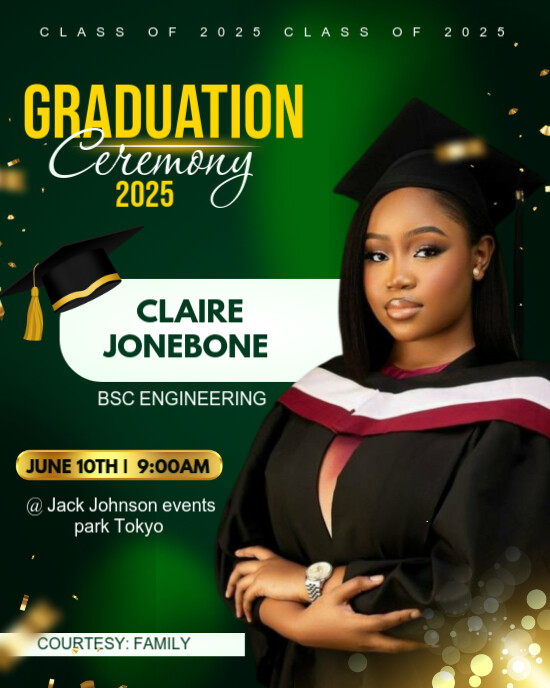 Editable Green and gold class of 2025 graduation party invitation template design card Instagram Portrait