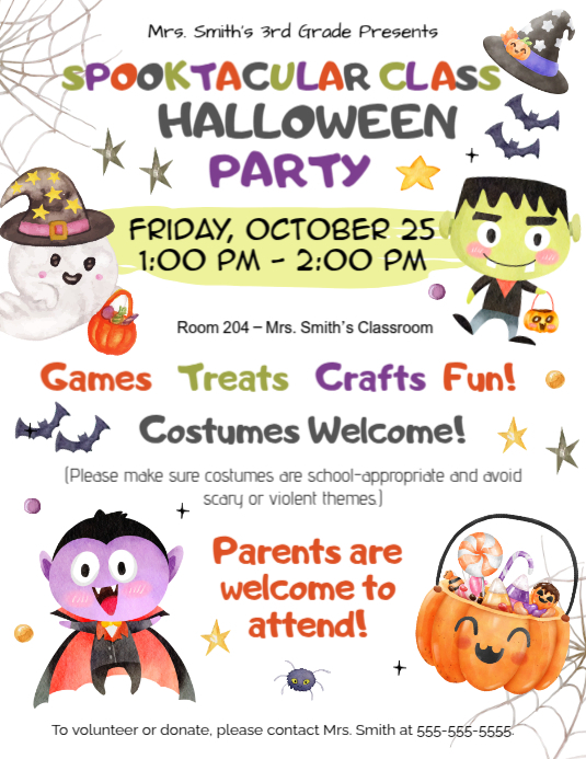 Editable Halloween Class Party Invite, Editable Halloween School Invitation, Flyer (US Letter) template