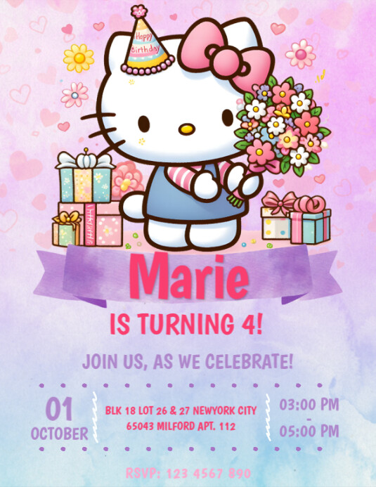 Editable Hello Kitty Birthday Invitation Flyer (US Letter) template