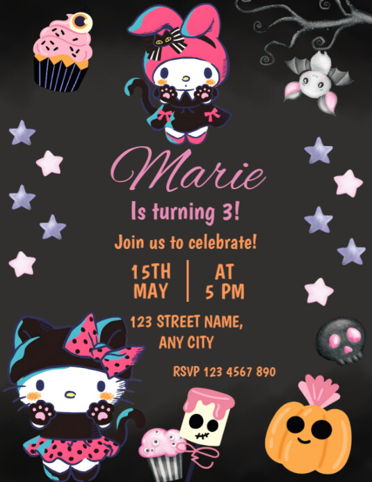 Editable hello kitty halloween birthday invitation Flyer (US Letter) template