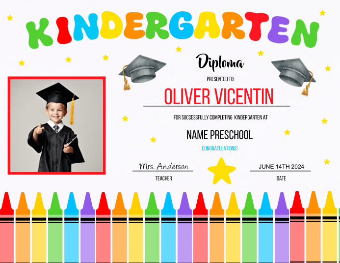 Editable Kindergarten Diploma with photo Template PosterMyWall