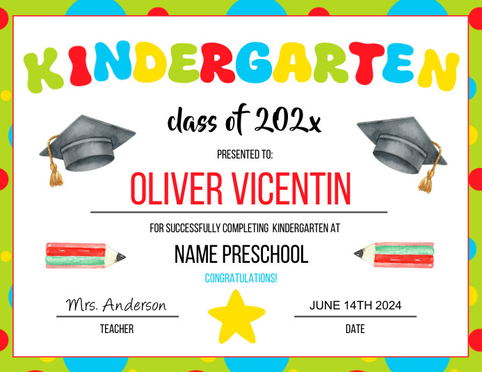 Editable Kindergarten Graduation Certificate, Template PosterMyWall