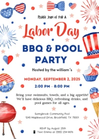 Editable Labor Day BBQ & Pool Party Invitation A6 template