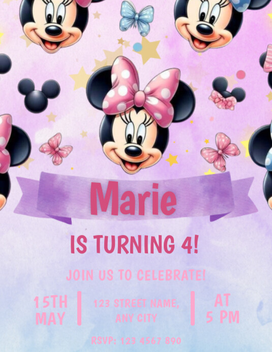 Editable Minnie Mouse Birthday Invitation Folheto (US Letter) template