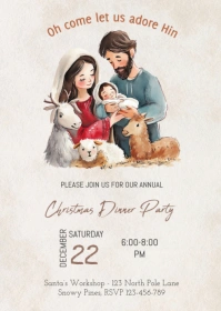 Editable Nativity Christmas Party Invitation, A6 template