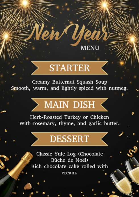 Editable New Years Eve Menu Template Black Gold A1 | PosterMyWall