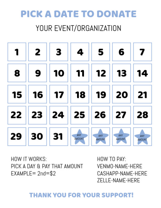 EDITABLE Pick a Date Fundraiser, Calendar Iflaya (Incwadi ye-US) template