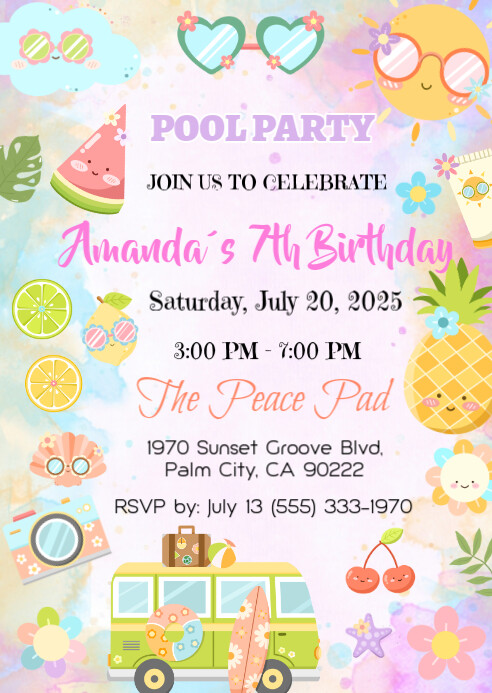 Editable Pool Party Invitation, pool Girl Groovy Retro Birthday Invite A6 template