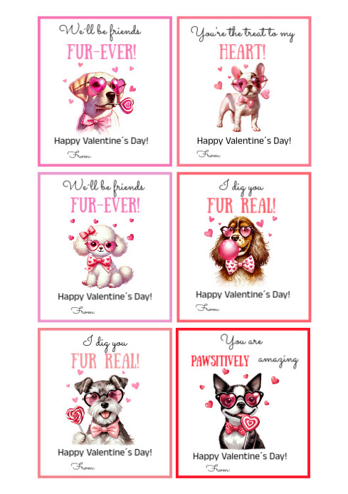 EDITABLE Printable Dog Valentine Cards, Classroom Valentines Day Cards A4 template