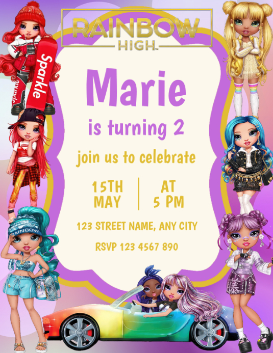 Editable Rainbow High Birthday Invitation Flyer Template | PosterMyWall