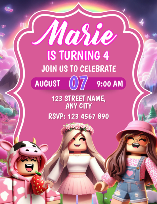 Editable Roblox Pink Birthday Invitation Templat | PosterMyWall