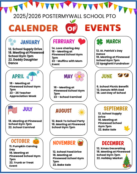 Editable School PTO Event Calendar Template | Monthly Teacher-Parent Organization Planner Poster/pannello