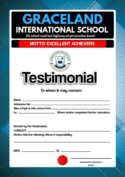 Editable school testimonial certificate/ graduation or transfer use ...