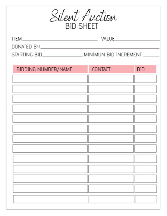 Storage Unit Auction Sheet Printable Silent Auction Sheets