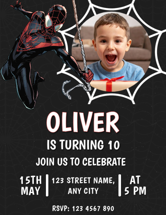 Editable Spider-man Miles Morales Birthday Invitation Flyer Template ...