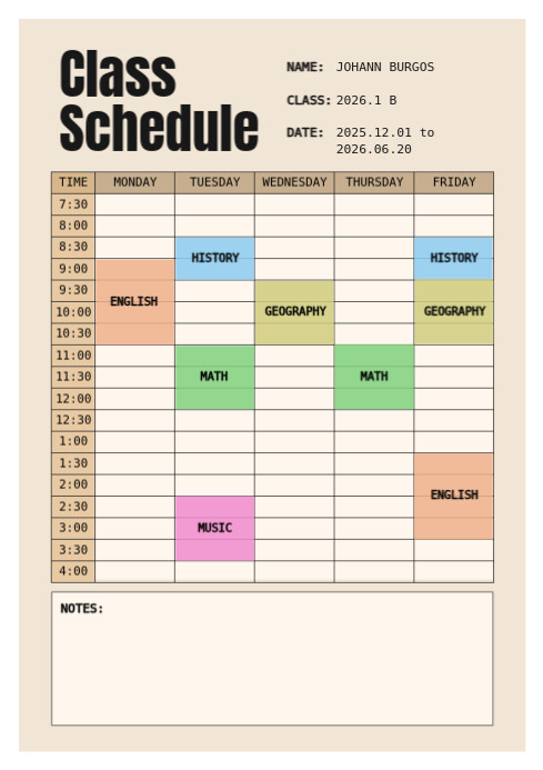 Editable Weekly Class Schedule Printable Planner Calendar Template A4