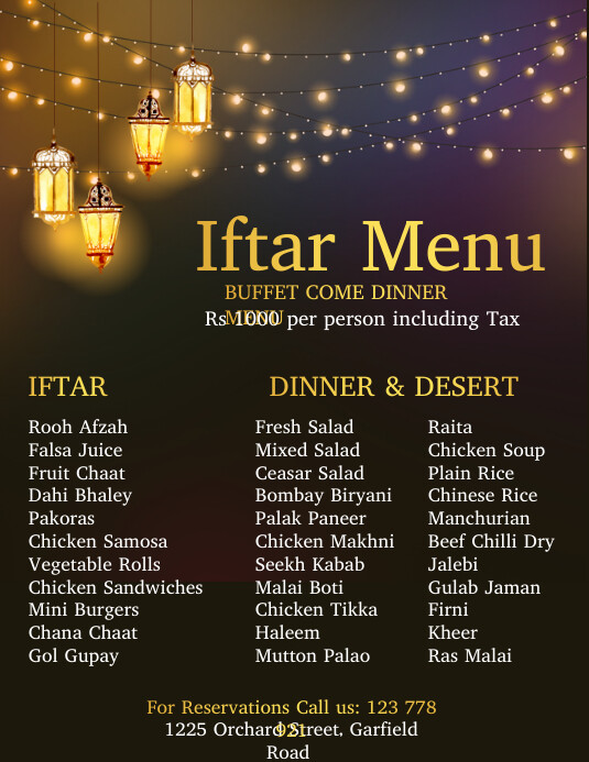 Eid, Iftar Menu, Iftar, Ramadan Volantino (US Letter) template