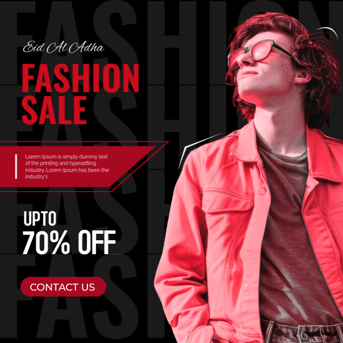 Eid Al Adha fashion sale social media post – up to 70% off trendy outfit promo banner Publicação no Instagram template