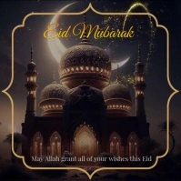 Eid Mubarak Islamic Greeting Template – Elegant Night Mosque Scene with Gold Calligraphy & Frame Persegi (1:1)