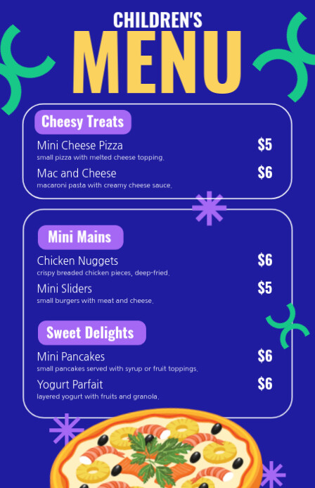 Electric Blue Modern Children's Restaurant Menu Template (Half Page Wide) Meia página larga