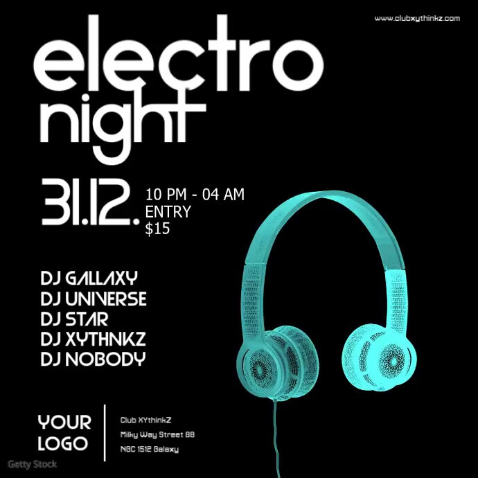 Electro Night Headphones Electronic Music Event Party 方形(1:1) template