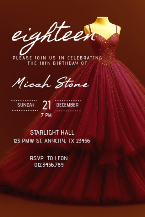 Elegant 18th Birthday Invitation | Red Gown Sweet 16 to 18th Party Flyer Template | PosterMyWall Elegant 18th Birthday Invitation | Red Gown Sweet 16 to 18th Party Flyer Template | PosterMyWall