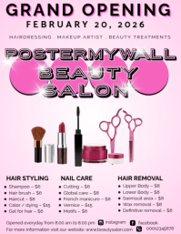 Elegant Beauty Salon Grand Opening Flyer Template | Pink Hair & Makeup Promotion Poster