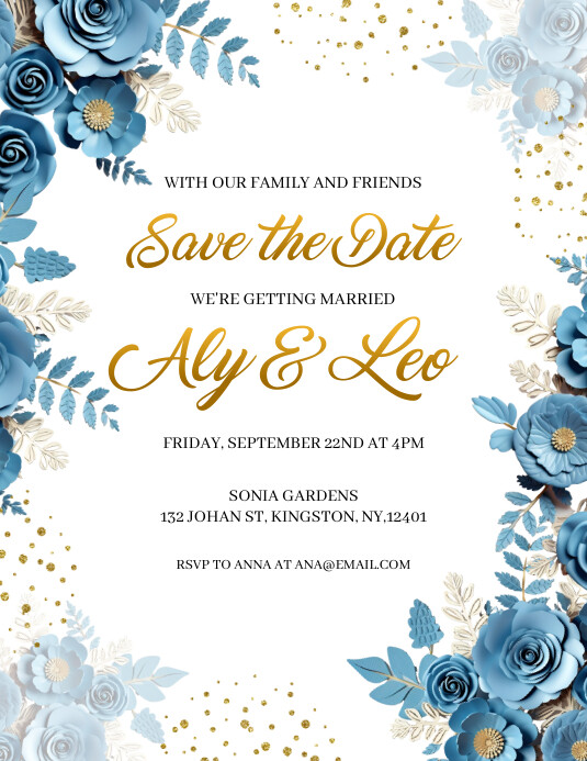 Elegant Blue Flower Save the Date ใบปลิว (US Letter) template