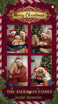Elegant Burgundy & Gold Christmas Family Photo Collage Story Instagram Reel template