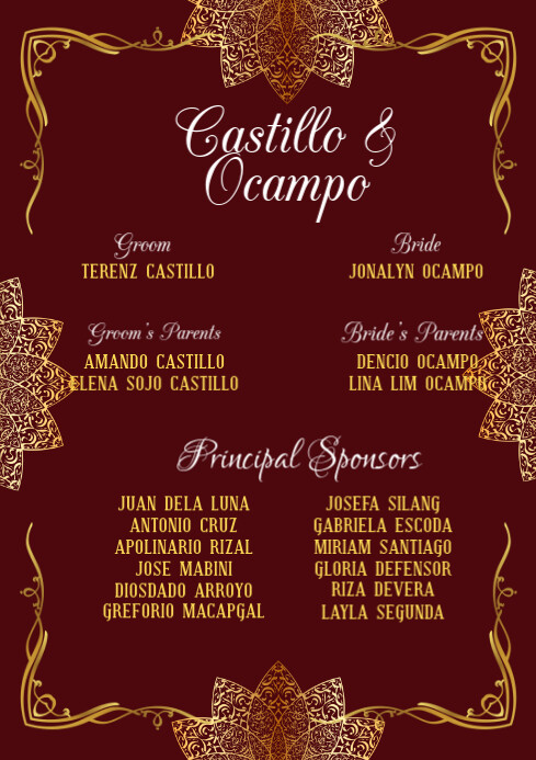 Elegant Burgundy & Gold Wedding Entourage List A4 template