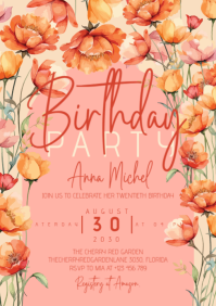 Elegant Garden Party Yellow Orange Floral Pastel Wildflowers Invitation A5 template