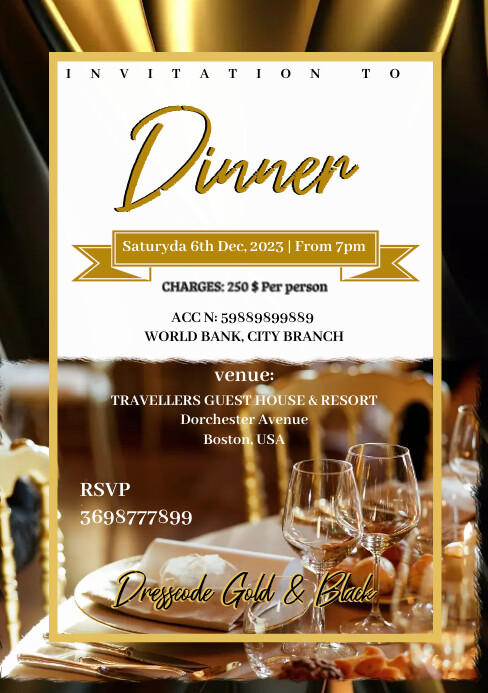 Ivitatio ELEGANT GOLD AND BLACK DINNER INVITATIO CARD Template | PosterMyWall
