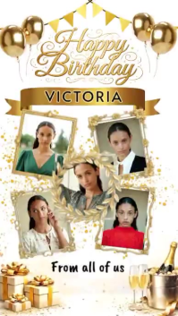 Elegant Gold Birthday Photo Collage Template – Luxury Happy Birthday Poster with Balloons & Frames ( Display digitale (9:16)