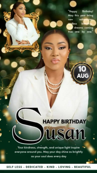 Elegant Green & Gold Photo Birthday Poster Template Instagram Story