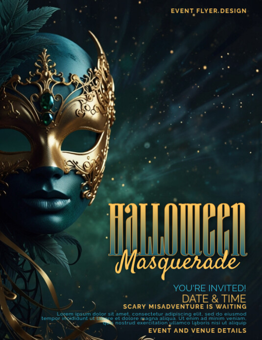 Elegant Halloween Masquerade Ball Design for Branded Official Event Flyer Template with Baroque Folheto (US Letter)
