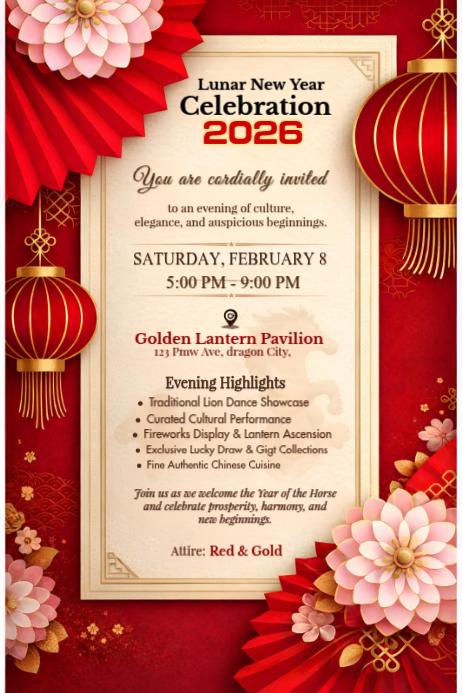 Copy of Elegant Lunar New Year Celebration Flyer – 2026 Cultural Event ...