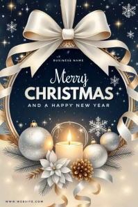 Elegant Merry Christmas Greeting Card Flyer – Gold Bow & Navy Blue Background Poster template
