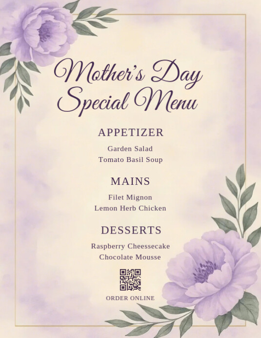 Elegant Mother’s Day Menu Template with Lavender Florals Flyer (Us Letter) 传单(美国信函)