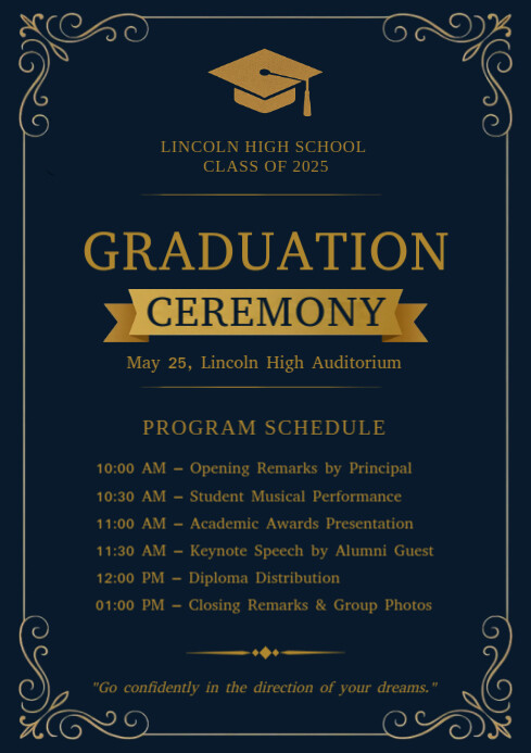Gold Graduation Program Plantilla de Elegant Navy and Gold Graduation Ceremony Program Template ...