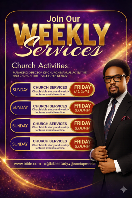 Copy of Elegant Purple and Gold Church Weekly Services Flyer Template ...