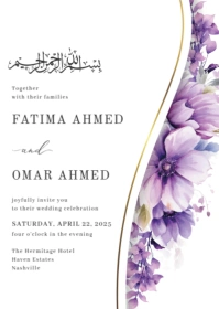 Elegant Purple Foliage Islamic Muslim Wedding Invitation Design Template A6