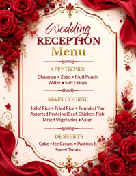 White Elegant Red Rose Wedding Reception Menu Flyer Volantino Template