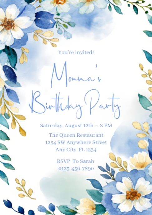 Elegant Watercolor Floral Birthday Party Invitation A6 Template ...