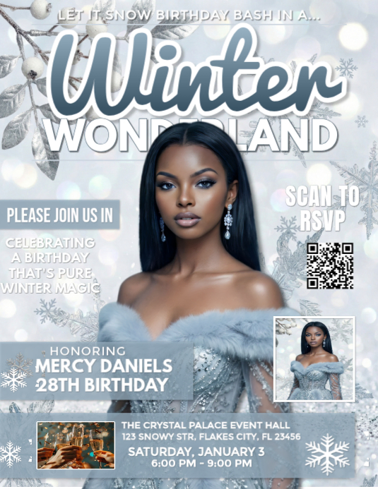 Elegant Winter Wonderland Birthday Party Invitation Flyer Template