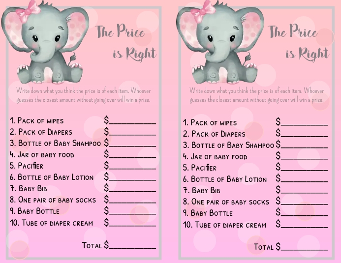 Elephant Baby Shower price is right game Ulotka (US Letter) template