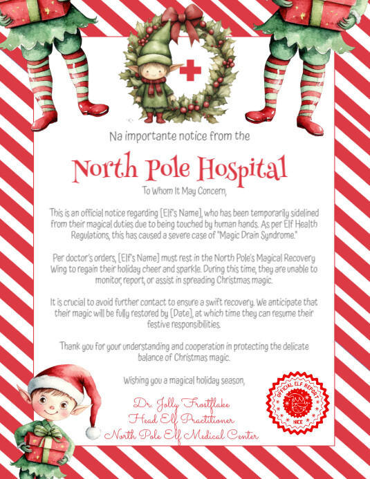 Elf Hospital Note, Editable Elf, Christmas Elf I'm sick, Doctors Note ...