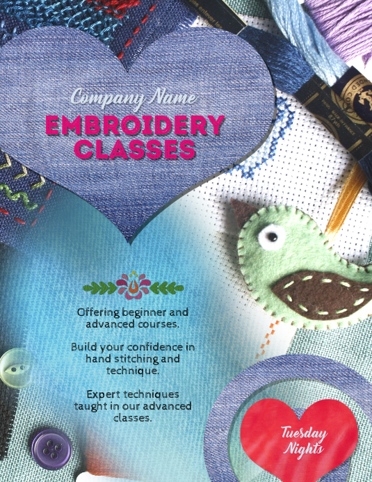 Embroidery sewing or fiber arts class flyer template  postermywall Embroidery sewing or fiber arts class flyer template  postermywall