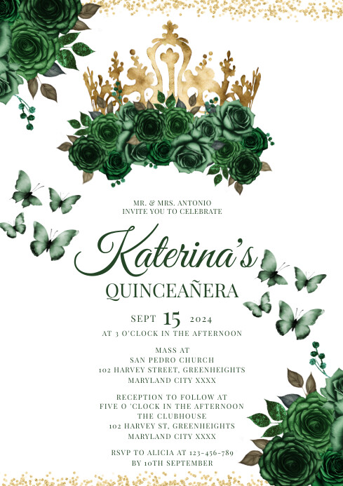 Emerald Green Floral Quinceañera Invitation A A4 template
